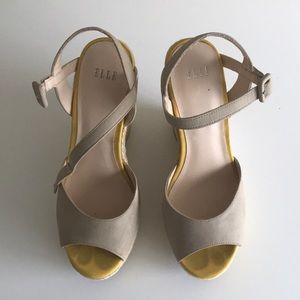 Elle Yellow & White Twill Tan Wedges Heels Pumps